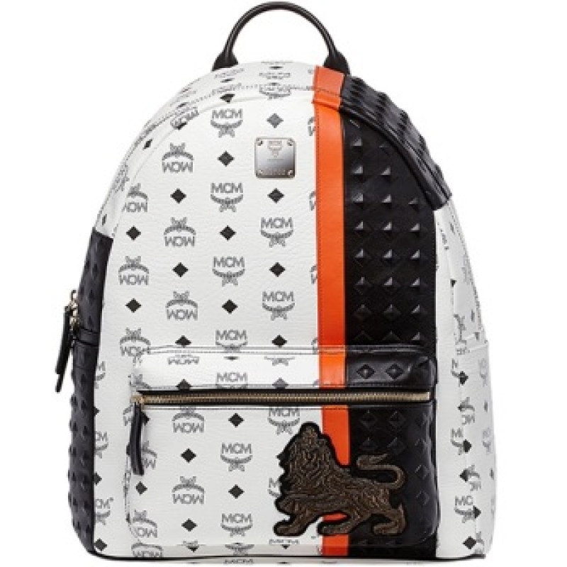 mcm 中性白黑橙拼色狮子刺绣双肩背包 mmk5svu11wt001